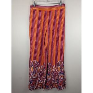 Lilka Women's Orange Magenta Striped Paisley Print Hem Pull On Pants‎ Large Soft